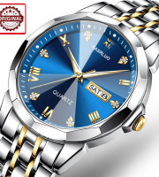 KASRLUO New Fashion Quartz Watch for Men Stainless Steel Waterproof Luminous Date Mens Watches Top Brand Luxury Clock- Blue