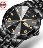 KASRLUO Popular New Fashion Quartz Watch for Men Stainless Steel Waterproof Luminous Date Mens Watches Top Brand Luxury Clock- Black