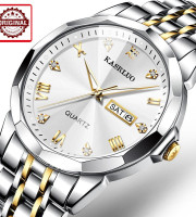 KASRLUO New Fashion Quartz Watch for Men Stainless Steel Waterproof Luminous Date Mens Watches Top Brand Luxury Clock- Silver & Golden